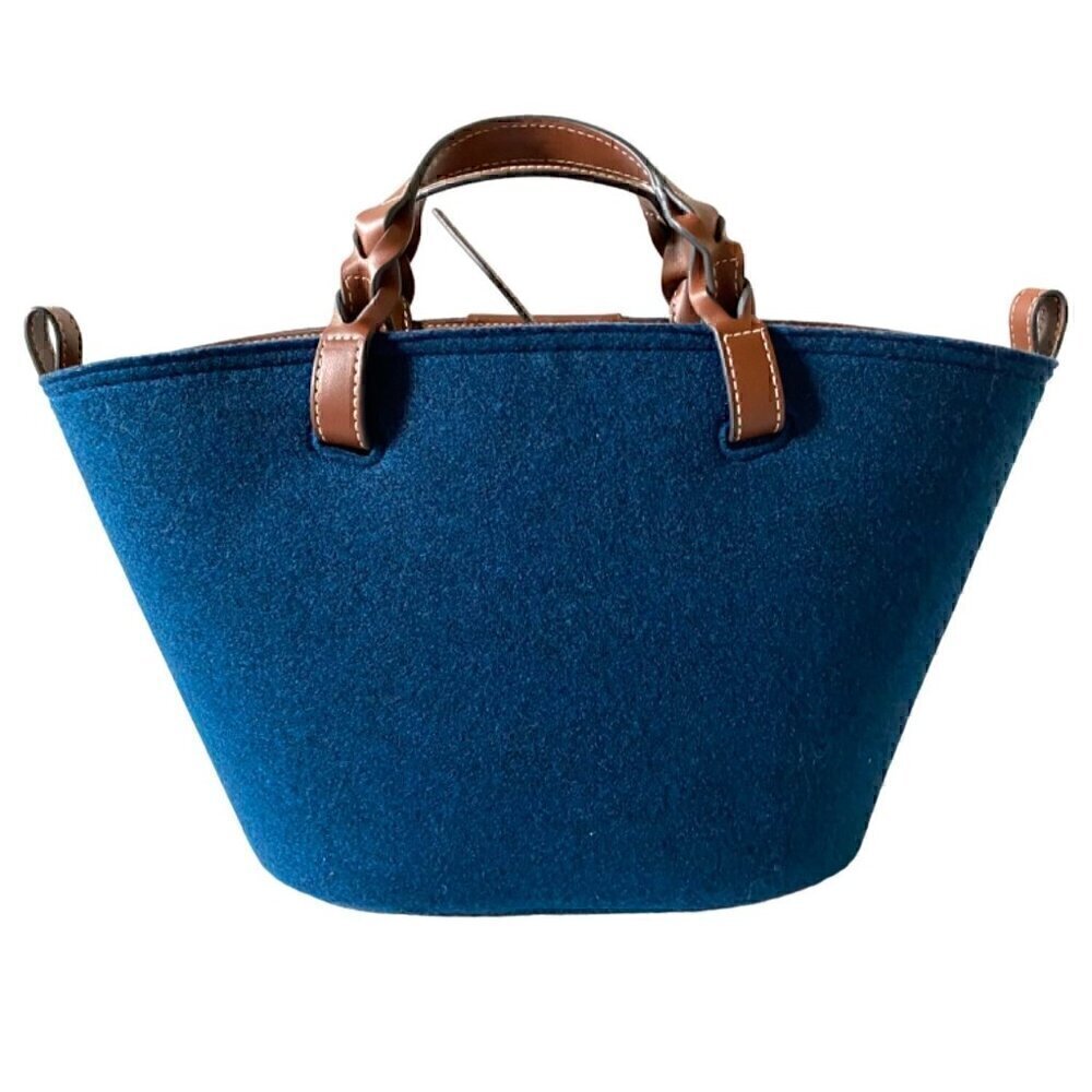 Anya Hindmarch Small Eyes Felt Tote Bag Leather Trimmed Dark Petrol Blue Brown - Picture 4 of 13